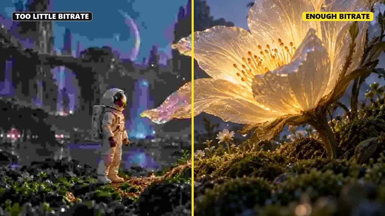 The same frame compressed with too little bitrate on the left, showing blocks, and with enough bitrate on the right