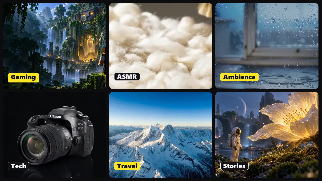 A collage of faceless video formats: gameplay, ASMR, rainy ambience, tech, travel and illustrated stories