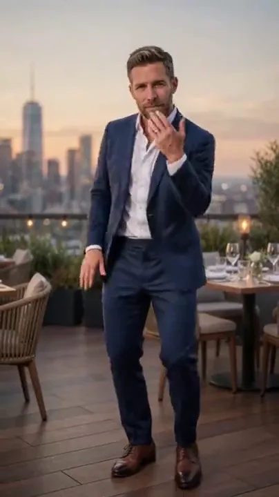 A rooftop groove in a blue suit
